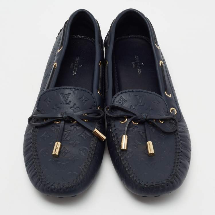 Pre Owned Louis Vuitton Monogram Blue Leather Gloria Bow Slip On Loafers Size 37