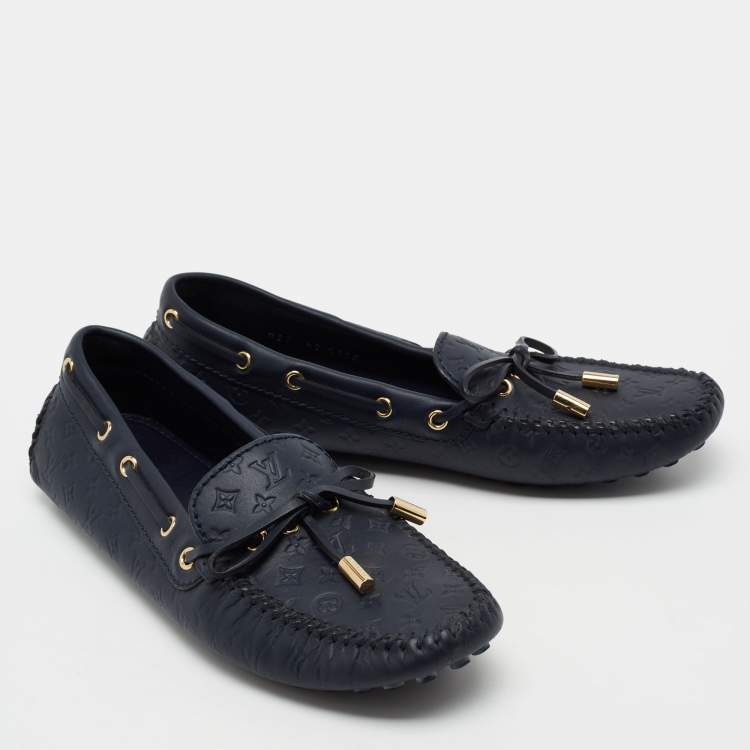 Pre Owned Louis Vuitton Monogram Blue Leather Gloria Bow Slip On Loafers Size 37