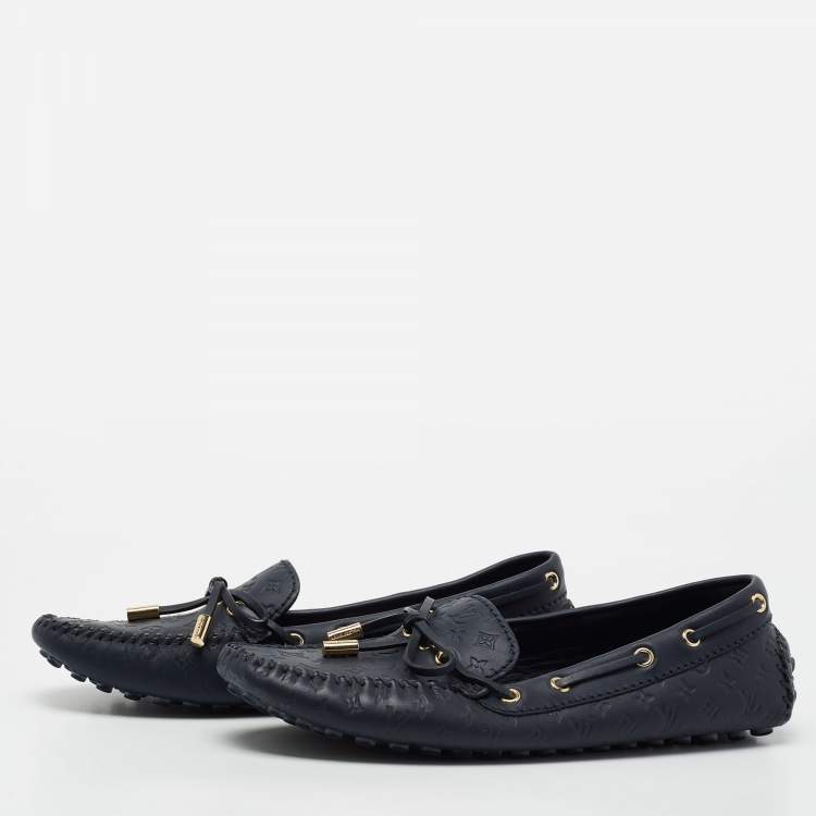 Pre Owned Louis Vuitton Monogram Blue Leather Gloria Bow Slip On Loafers Size 37