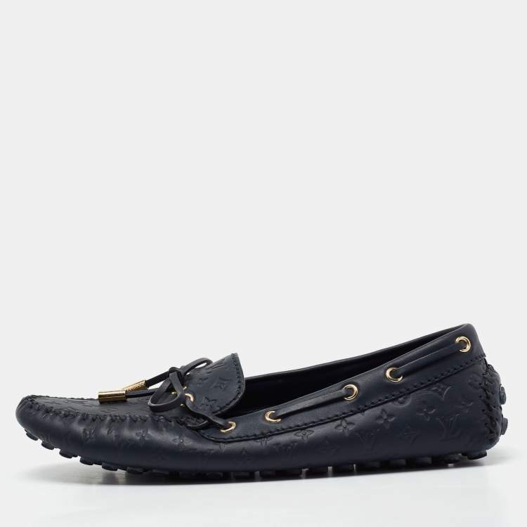 Pre Owned Louis Vuitton Monogram Blue Leather Gloria Bow Slip On Loafers Size 37
