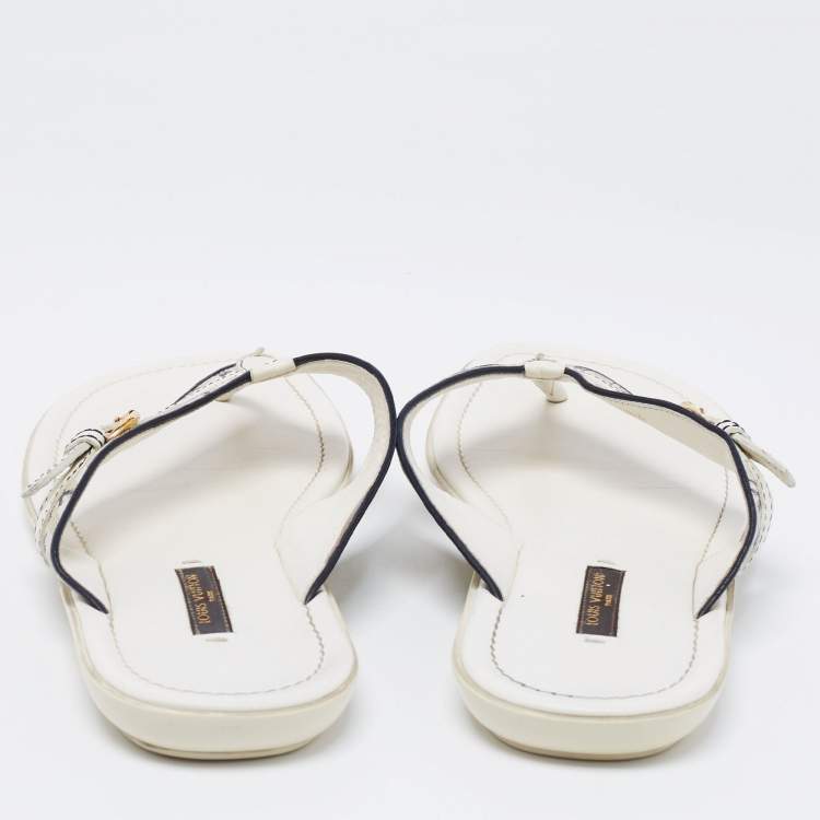 Pre Owned Louis Vuitton White Monogram Canvas And Leather Thong Flats Size 38.5