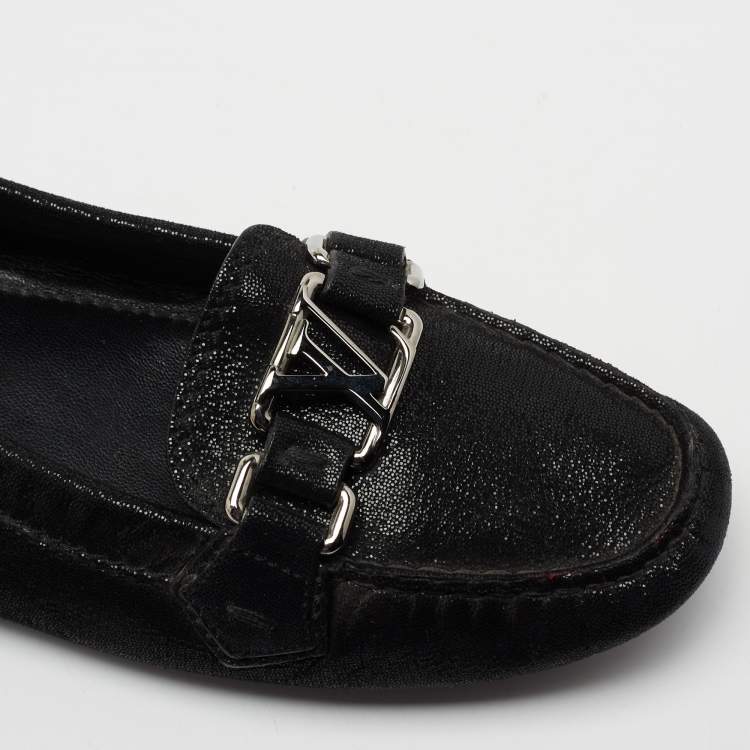 Pre Owned Louis Vuitton Black Glitter Suede Oxford Loafers Size 37.5