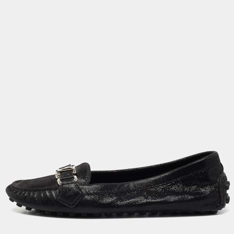 Pre Owned Louis Vuitton Black Glitter Suede Oxford Loafers Size 37.5