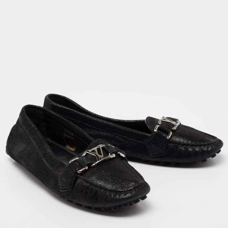 Pre Owned Louis Vuitton Black Glitter Suede Oxford Loafers Size 37.5