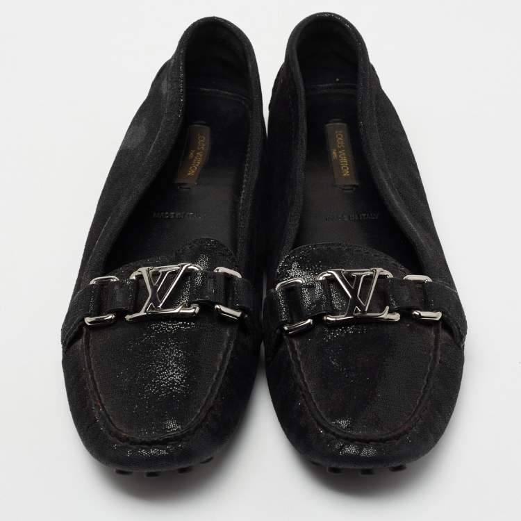 Pre Owned Louis Vuitton Black Glitter Suede Oxford Loafers Size 37.5