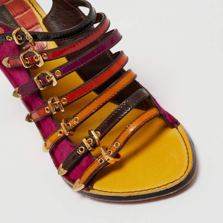 Pre Owned Louis Vuitton Multicolor Calf Hair And Patent Leather Tupelo Buckle Slingback Sandals Size 38.5
