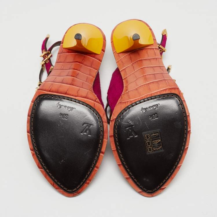 Pre Owned Louis Vuitton Multicolor Calf Hair And Patent Leather Tupelo Buckle Slingback Sandals Size 38.5
