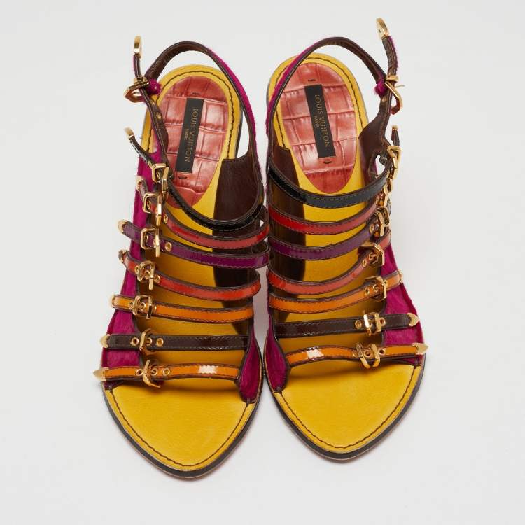 Pre Owned Louis Vuitton Multicolor Calf Hair And Patent Leather Tupelo Buckle Slingback Sandals Size 38.5
