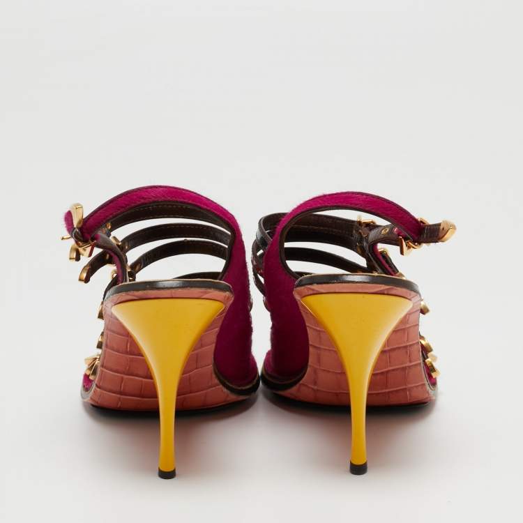 Pre Owned Louis Vuitton Multicolor Calf Hair And Patent Leather Tupelo Buckle Slingback Sandals Size 38.5