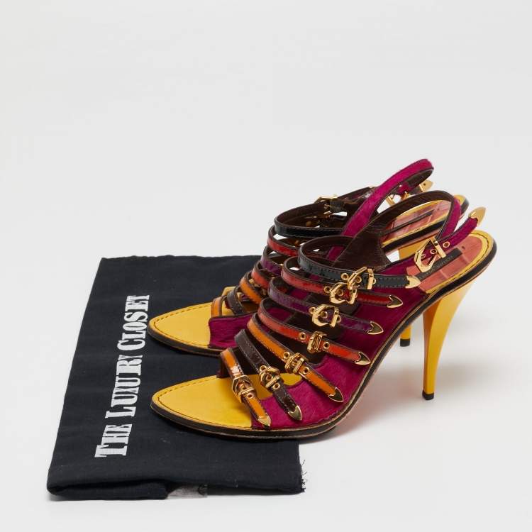 Pre Owned Louis Vuitton Multicolor Calf Hair And Patent Leather Tupelo Buckle Slingback Sandals Size 38.5