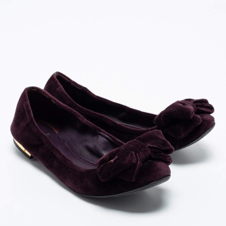 Pre Owned Louis Vuitton Plum Velvet Bow Scrunch Ballet Flats Size 36