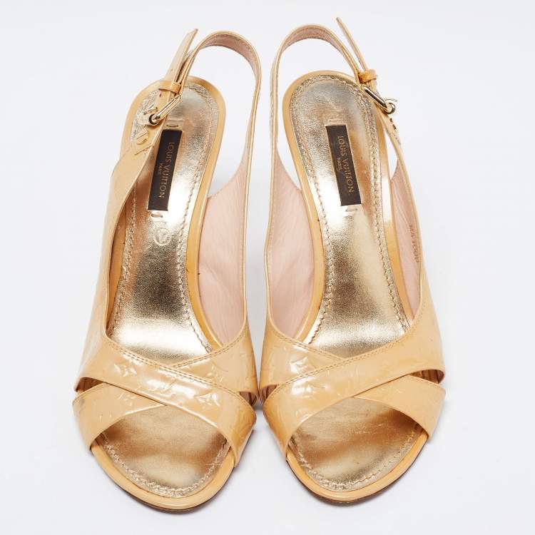 Pre Owned Louis Vuitton Beige Monogram Vernis Leather No Doubt Slingback Sandals Size 36.5