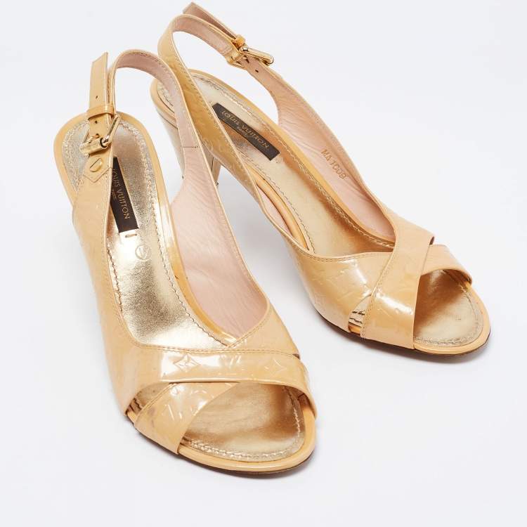 Pre Owned Louis Vuitton Beige Monogram Vernis Leather No Doubt Slingback Sandals Size 36.5