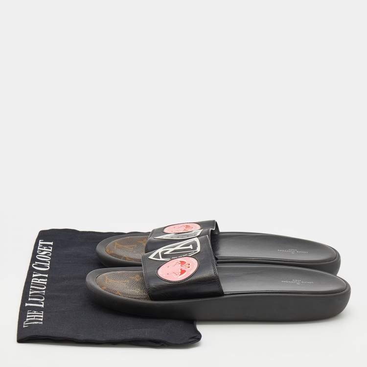 Pre Owned Louis Vuitton Black Leather LV Flamingo Flat Slide Sandals Size 40
