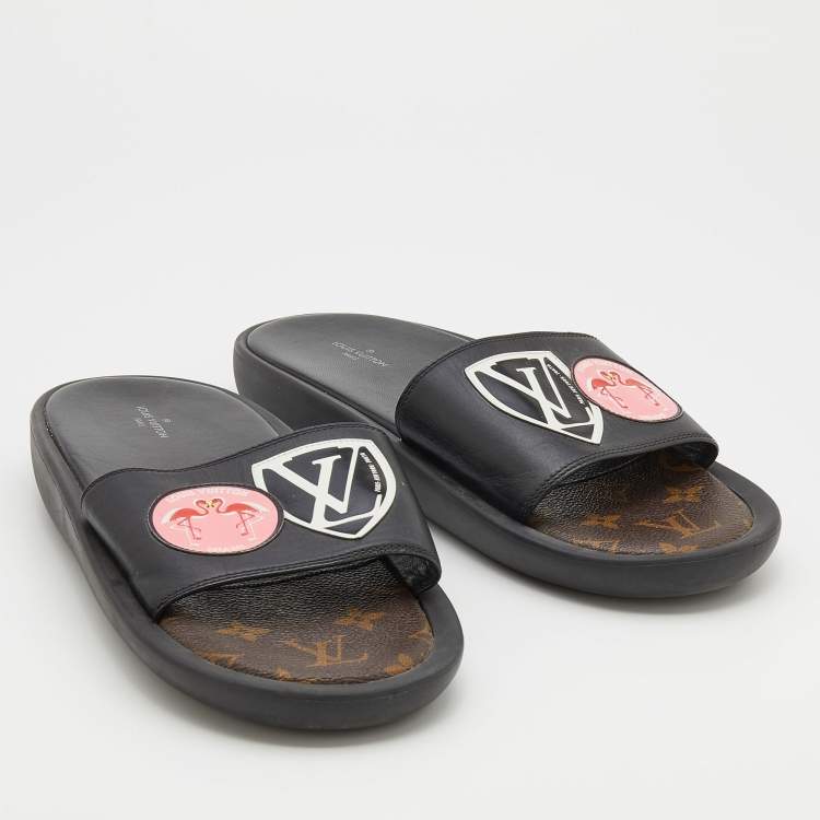 Pre Owned Louis Vuitton Black Leather LV Flamingo Flat Slide Sandals Size 40