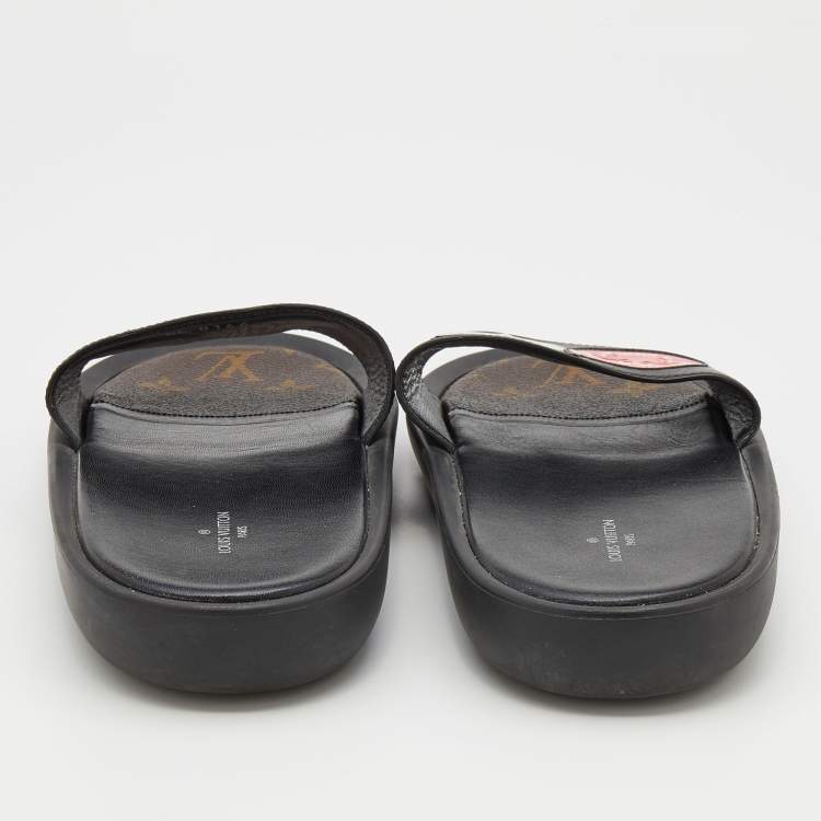 Pre Owned Louis Vuitton Black Leather LV Flamingo Flat Slide Sandals Size 40