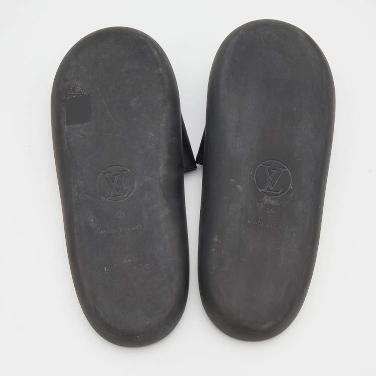 Pre Owned Louis Vuitton Black Leather LV Flamingo Flat Slide Sandals Size 40
