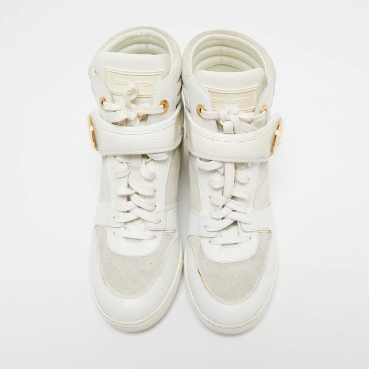 Pre Owned Louis Vuitton White/Grey Epi Leather and Suede Postmark Sneaker Boots Size 38
