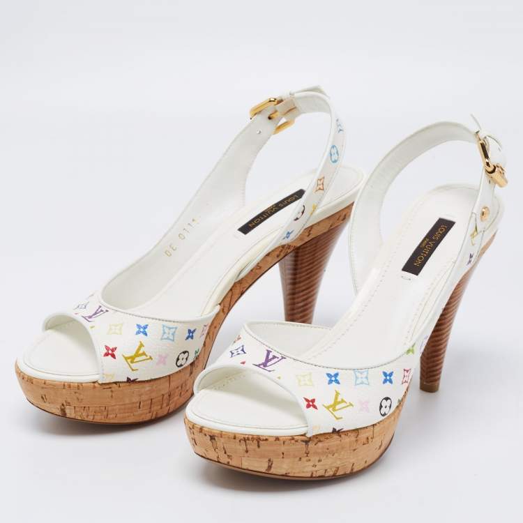 Louis Vuitton White Leather Buckle Cork Platform Slingback Sandals