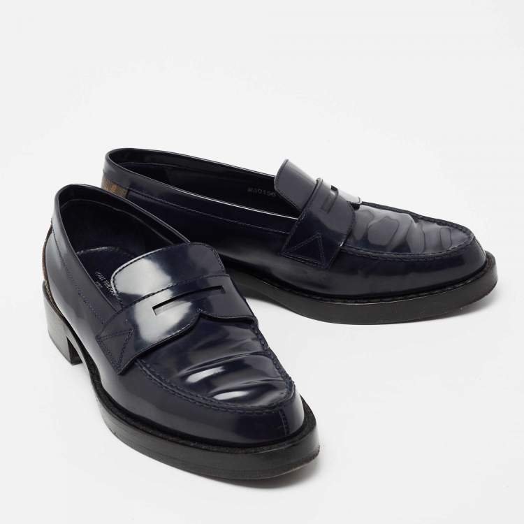 Pre Owned Louis Vuitton Navy Blue/Brown Monogram Canvas And Patent Leather Loafers  Size 37.5 