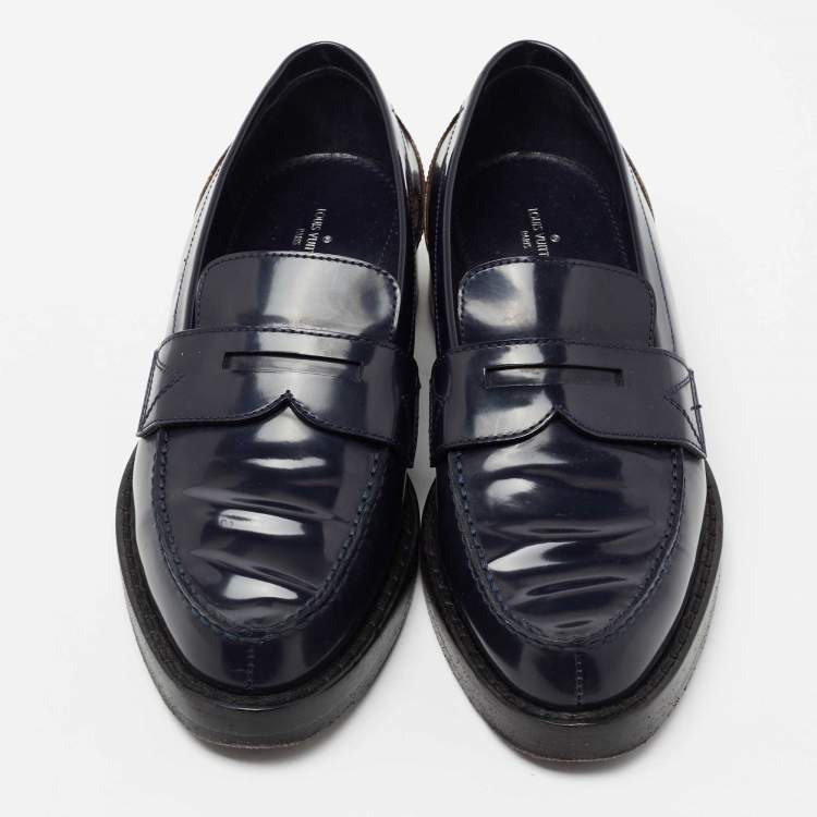 Pre Owned Louis Vuitton Navy Blue/Brown Monogram Canvas And Patent Leather Loafers  Size 37.5 