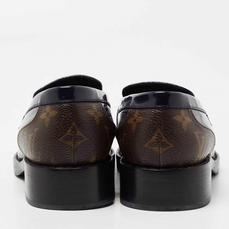 Pre Owned Louis Vuitton Navy Blue/Brown Monogram Canvas And Patent Leather Loafers  Size 37.5 
