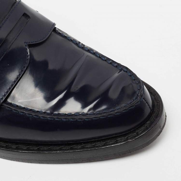Pre Owned Louis Vuitton Navy Blue/Brown Monogram Canvas And Patent Leather Loafers  Size 37.5 