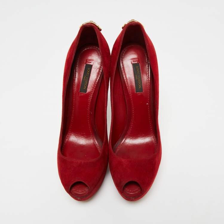 Pre Owned Louis Vuitton Red Suede Oh Really! Peep-Toe Pumps Size 38