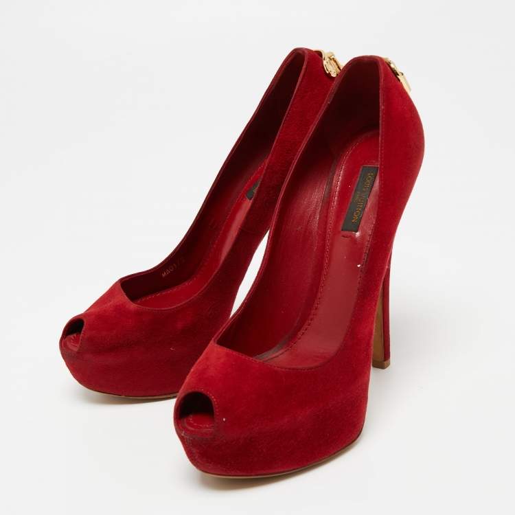 Louis Vuitton Red Suede Oh Really! Peep-Toe Pumps Size 38