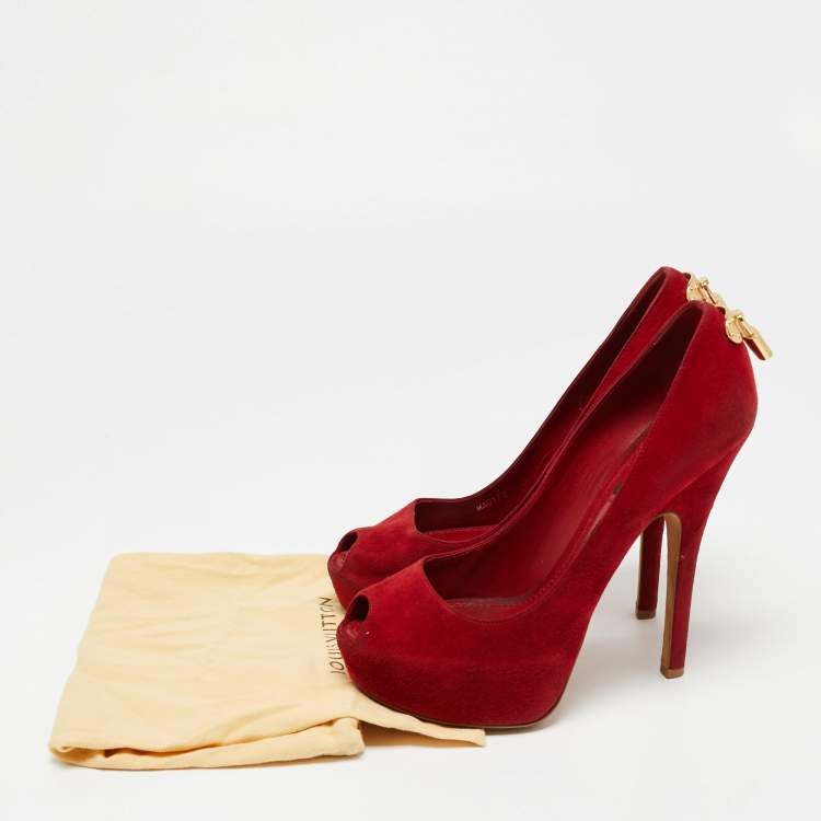 Pre Owned Louis Vuitton Red Suede Oh Really! Peep-Toe Pumps Size 38