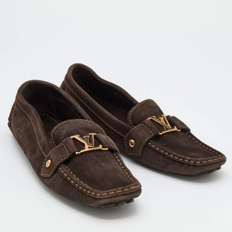 Pre Owned Louis Vuitton Dark Brown Suede Monte Carlo Slip On Loafers Size 41