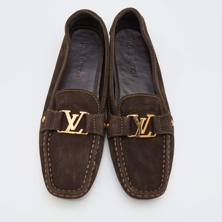 Pre Owned Louis Vuitton Dark Brown Suede Monte Carlo Slip On Loafers Size 41