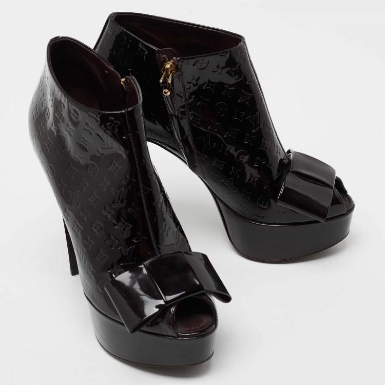 Pre Owned Louis Vuitton Dark Burgundy Monogram Empreinte Vernis Leather Bow Peep-Toe Platform Booties Size 36