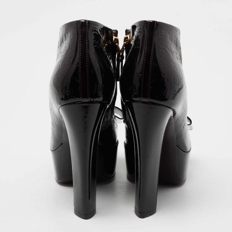 Pre Owned Louis Vuitton Dark Burgundy Monogram Empreinte Vernis Leather Bow Peep-Toe Platform Booties Size 36