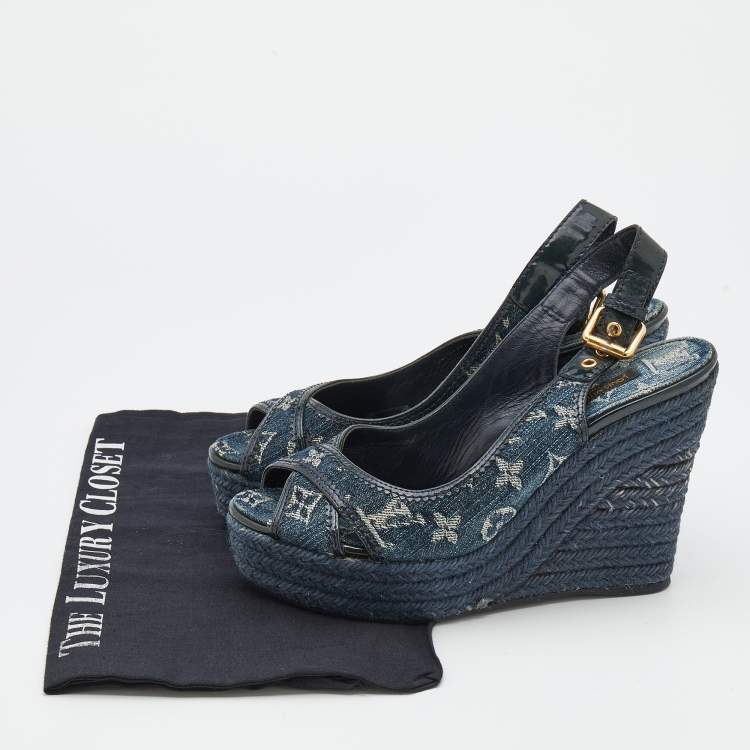 Pre Owned Louis Vuitton Denim Monogram Denim Bastille Espadrille Slingback Platform Wedge Sandals Size 38