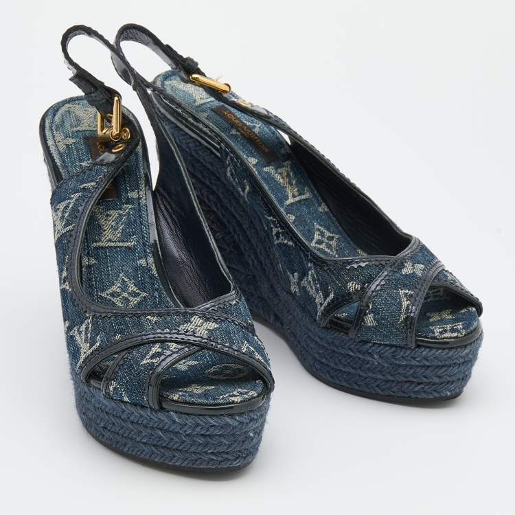 Pre Owned Louis Vuitton Denim Monogram Denim Bastille Espadrille Slingback Platform Wedge Sandals Size 38