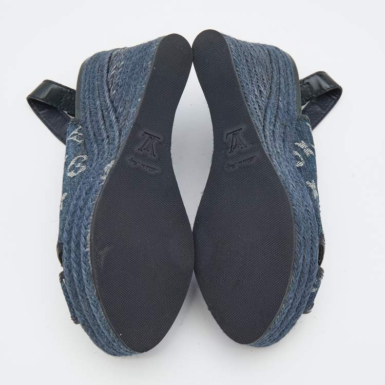 Pre Owned Louis Vuitton Denim Monogram Denim Bastille Espadrille Slingback Platform Wedge Sandals Size 38