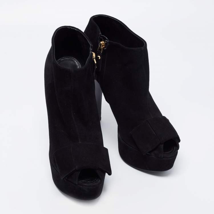 Pre Owned Louis Vuitton Black Suede Bow Peep Toe Ankle Booties Size 36.5
