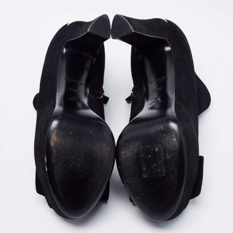 Pre Owned Louis Vuitton Black Suede Bow Peep Toe Ankle Booties Size 36.5