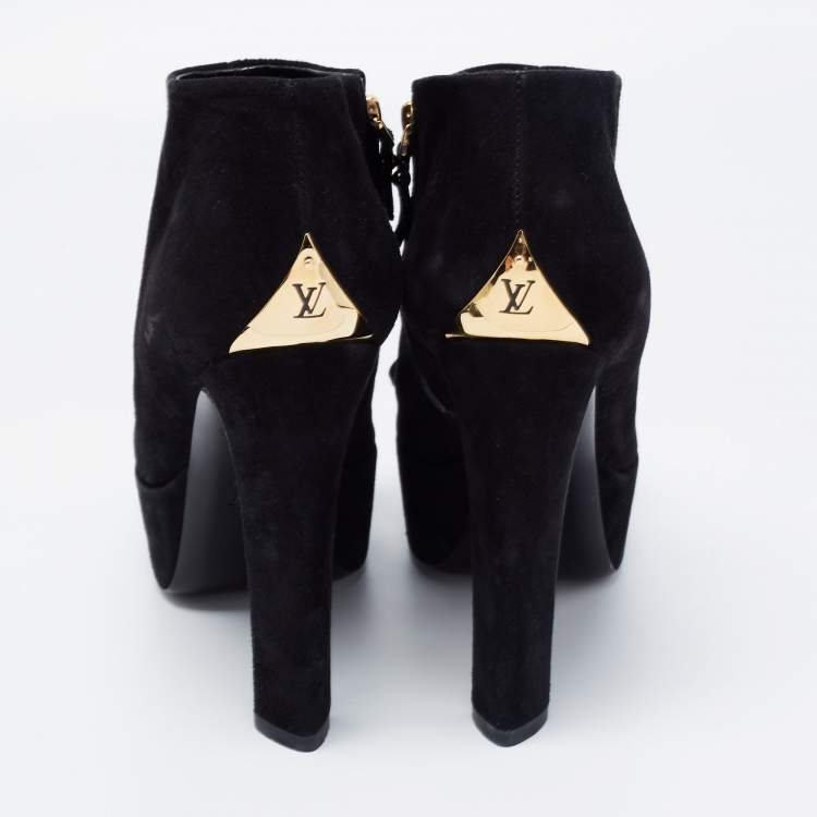 Pre Owned Louis Vuitton Black Suede Bow Peep Toe Ankle Booties Size 36.5
