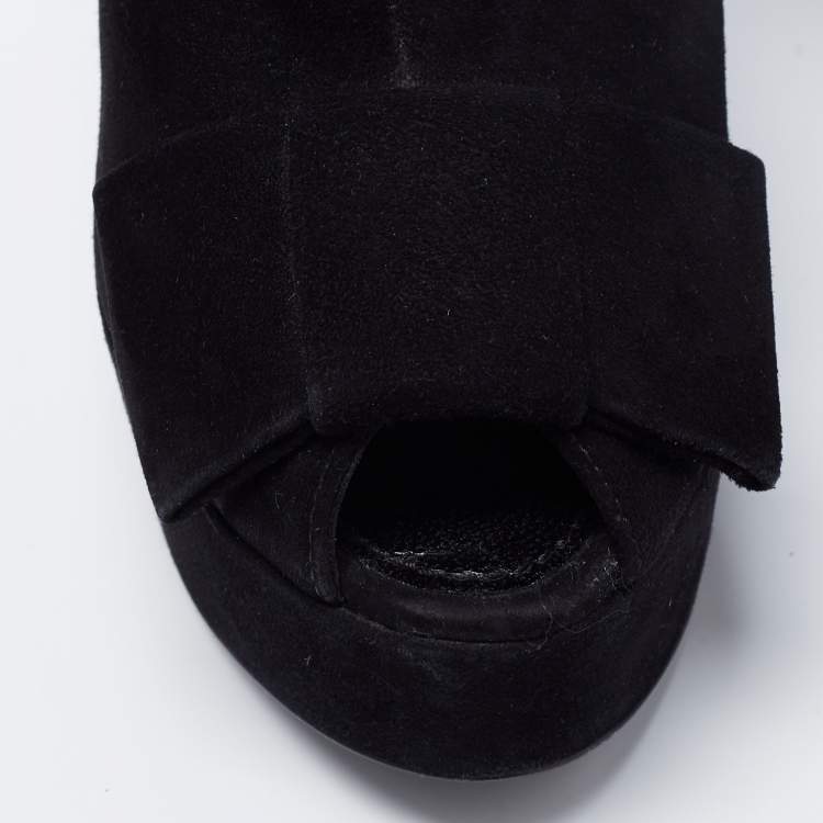 Pre Owned Louis Vuitton Black Suede Bow Peep Toe Ankle Booties Size 36.5