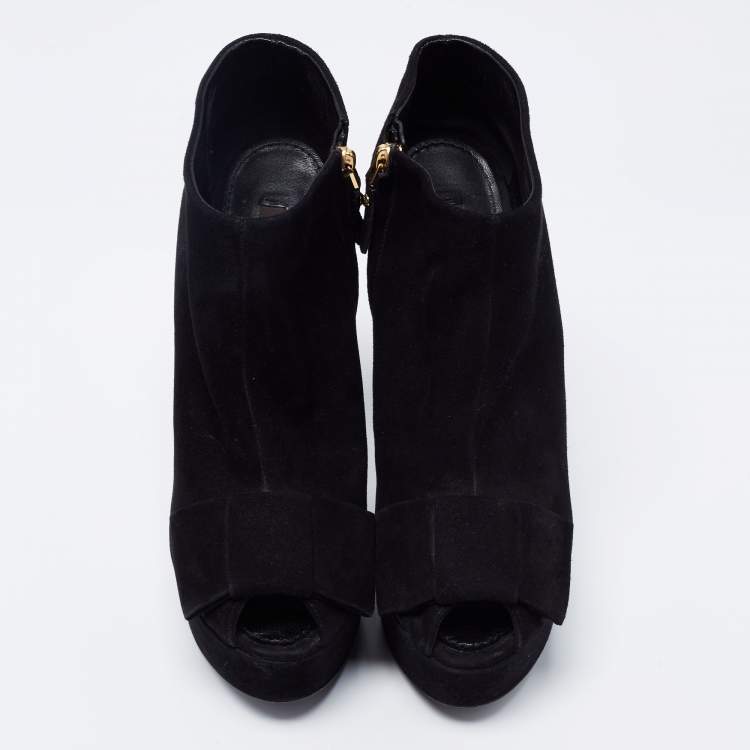 Pre Owned Louis Vuitton Black Suede Bow Peep Toe Ankle Booties Size 36.5
