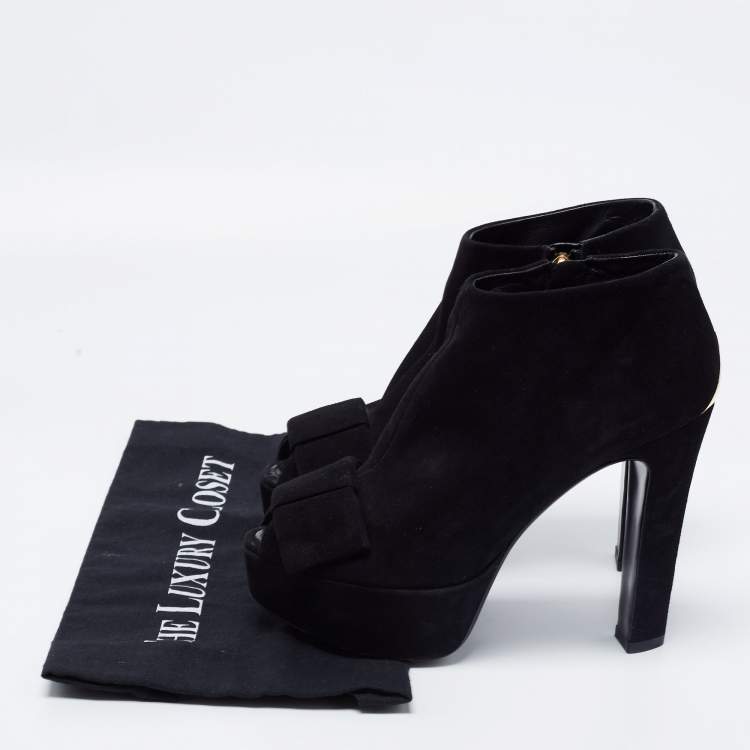 Pre Owned Louis Vuitton Black Suede Bow Peep Toe Ankle Booties Size 36.5