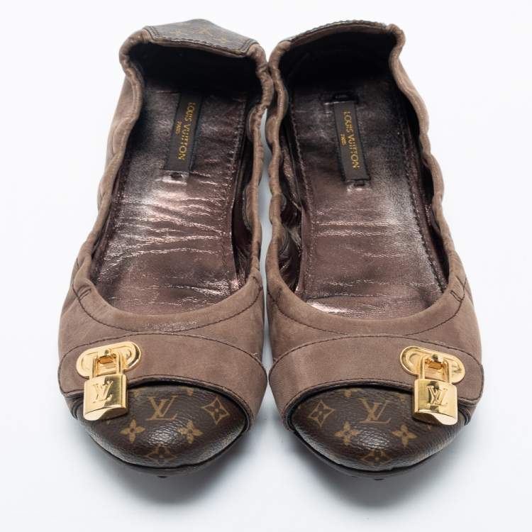 Pre Owned Louis Vuitton Brown Leather And Monogram Canvas Ballet Flats Size 37.5