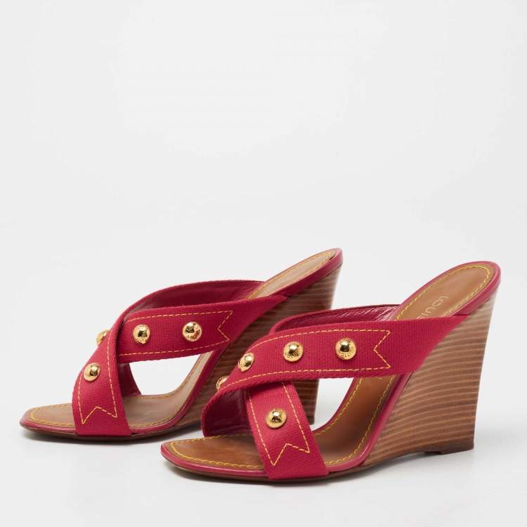 Louis Vuitton Red Canvas Crisscross Wedge Sandals Size 37 Louis Vuitton