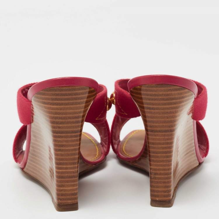 Louis Vuitton Red Canvas Crisscross Wedge Sandals Size 37