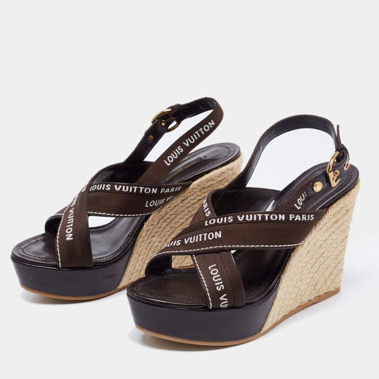 Louis Vuitton Metallic/Brown Leather and Patent Slingback Wedge