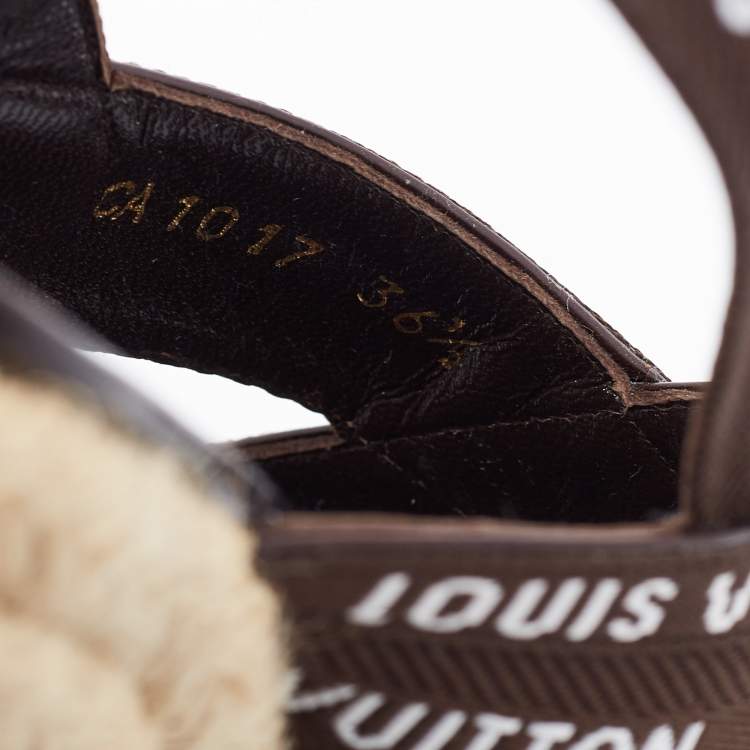 Pre Owned Louis Vuitton Brown Patent and Canvas Wedge Ankle Strap Sandals Size 36.5