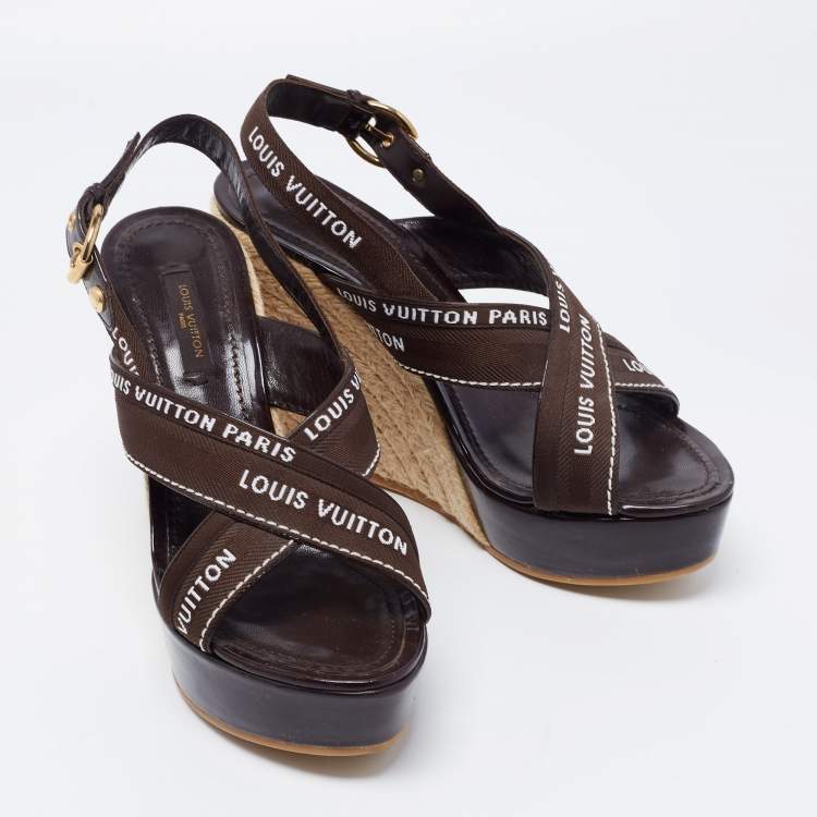 Pre Owned Louis Vuitton Brown Patent and Canvas Wedge Ankle Strap Sandals Size 36.5