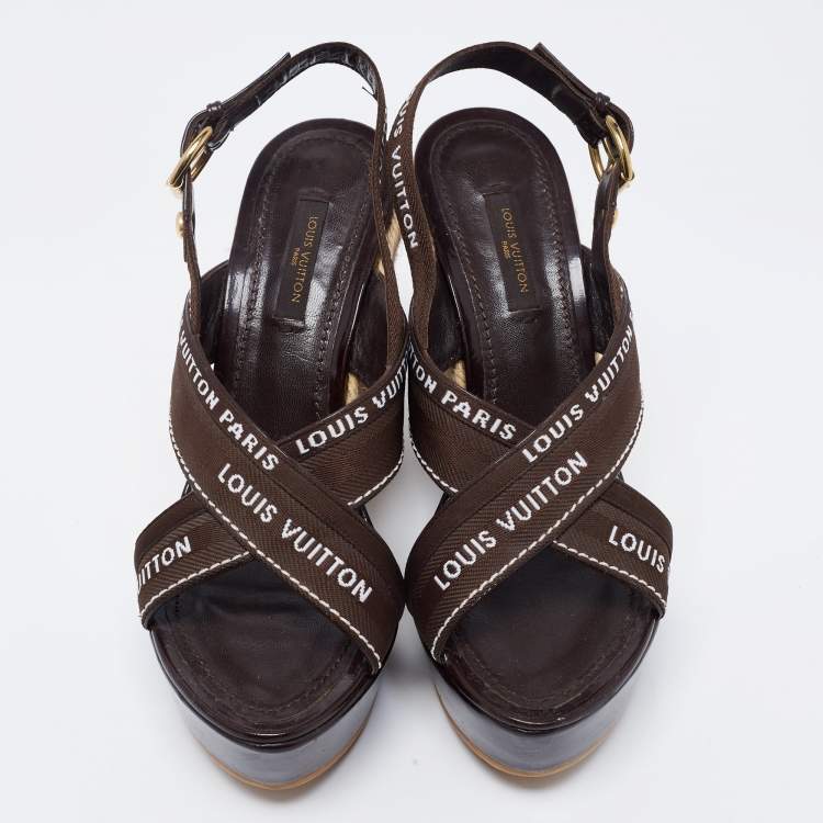 Pre Owned Louis Vuitton Brown Patent and Canvas Wedge Ankle Strap Sandals Size 36.5